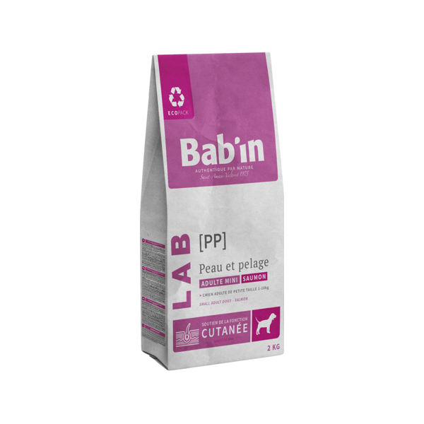 saco de 2kg de pienso para perros adultos mini con problemas de piel y pelaje de la marca bab´in lab.