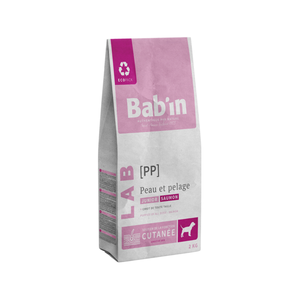 saco de 2kg de pienso para cachorros con problemas de piel y pelo de la marca bab´in lab