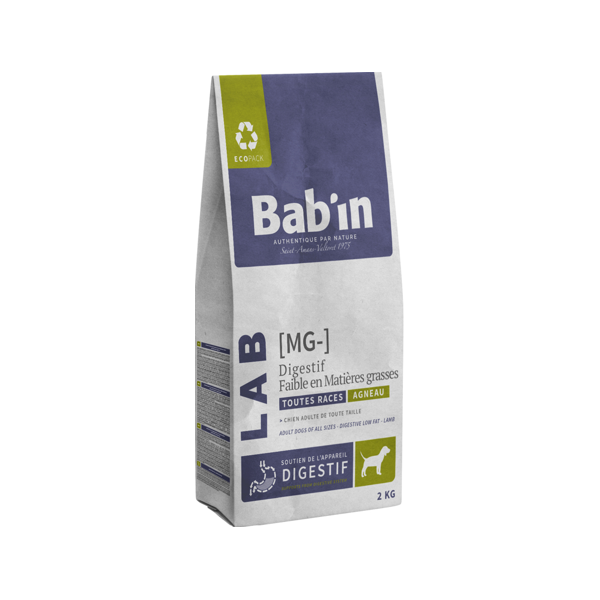 saco de 2kg de pienso para perros bab´in lab para perros adultos con sensibilidad digestiva